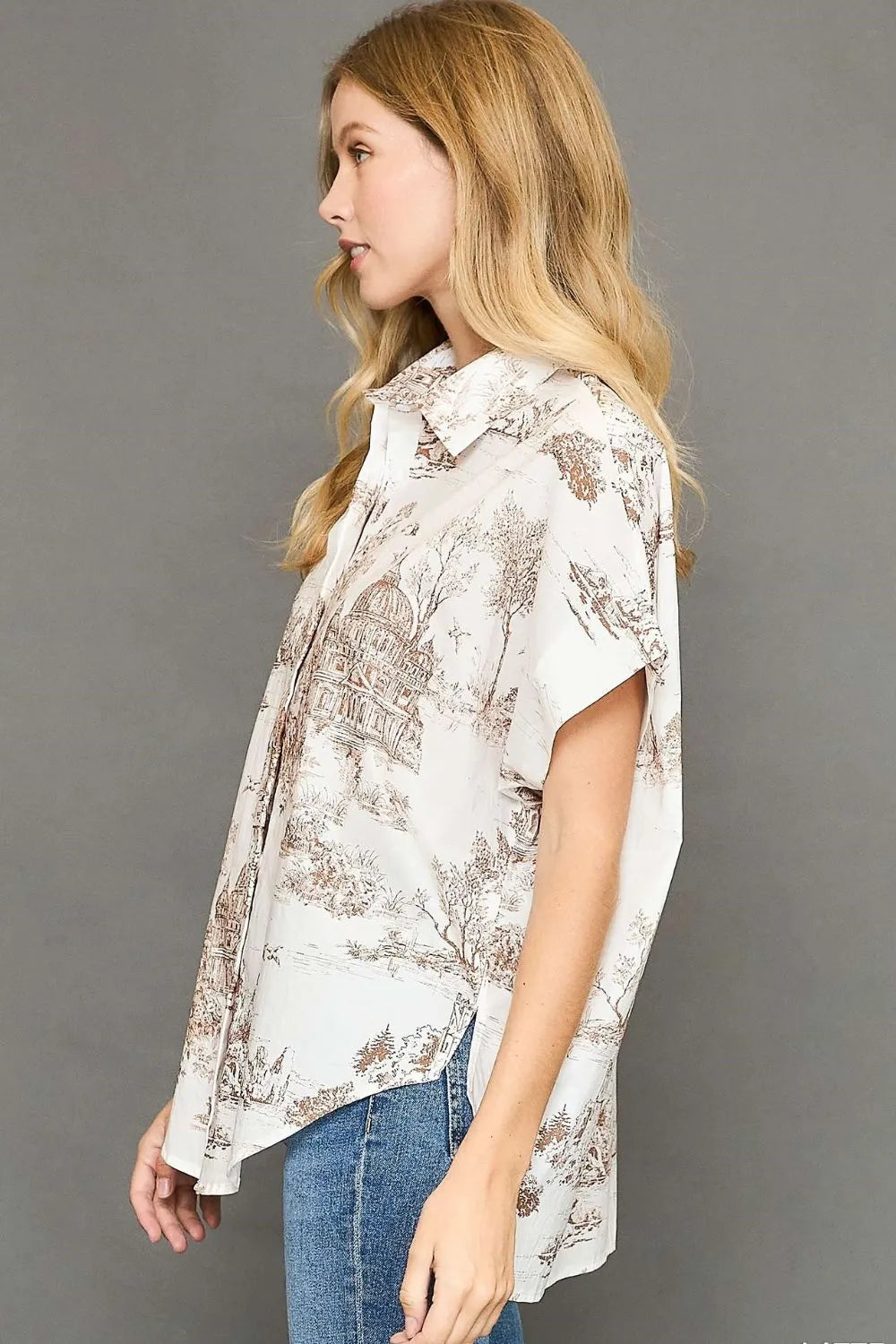 Umgee Full Size Two Tone Print Button Up Short Sleeve Shirt Plus Size - LoveNest Treasures