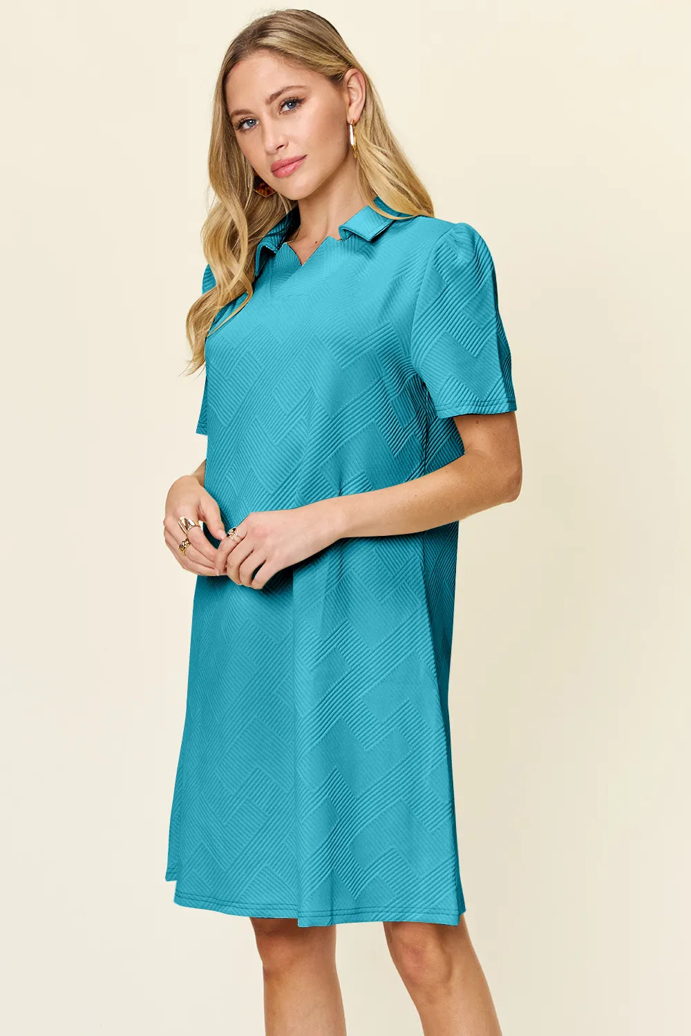 Double Take Full Size Texture Collared Neck Short Sleeve Dress - LoveNest Treasures