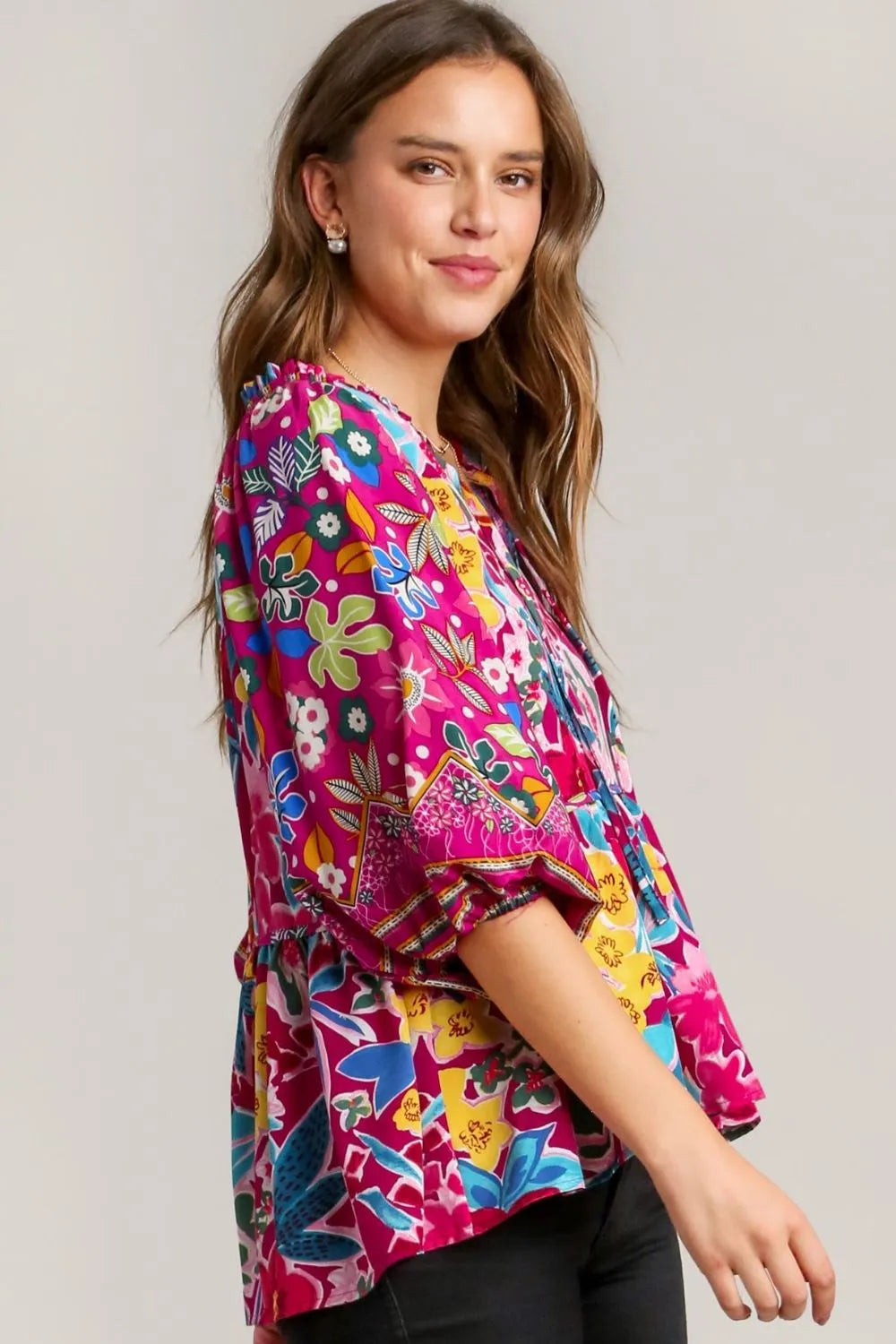Umgee Full Size Floral Print Tie Neck Peplum Blouse Plus Size - LoveNest Treasures