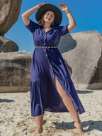 Plus Size Collared Neck Short Sleeve Midi Dress - LoveNest Treasures