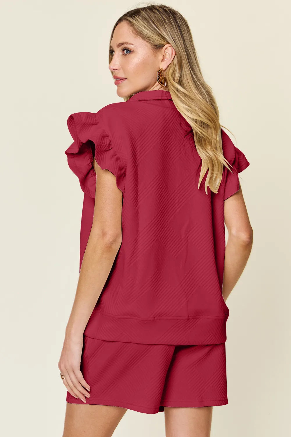 Double Take Full Size Texture Flounce Sleeve Top and Drawstring Shorts Set - LoveNest Treasures