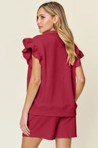 Double Take Full Size Texture Flounce Sleeve Top and Drawstring Shorts Set - LoveNest Treasures