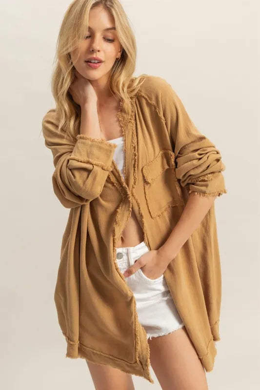 HYFVE Raw Edge Button Down Raglan Sleeve Shirt - LoveNest Treasures
