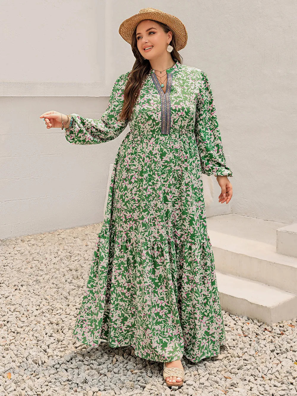 Plus Size Printed Notched Long Sleeve Maxi Dress - LoveNest Treasures