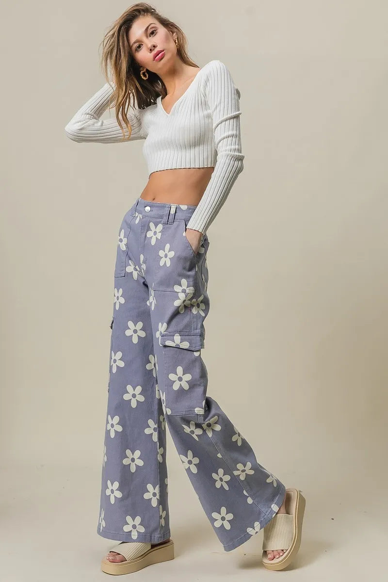 BiBi Flower Printed Side Pocket Wide Pants - LoveNest Treasures