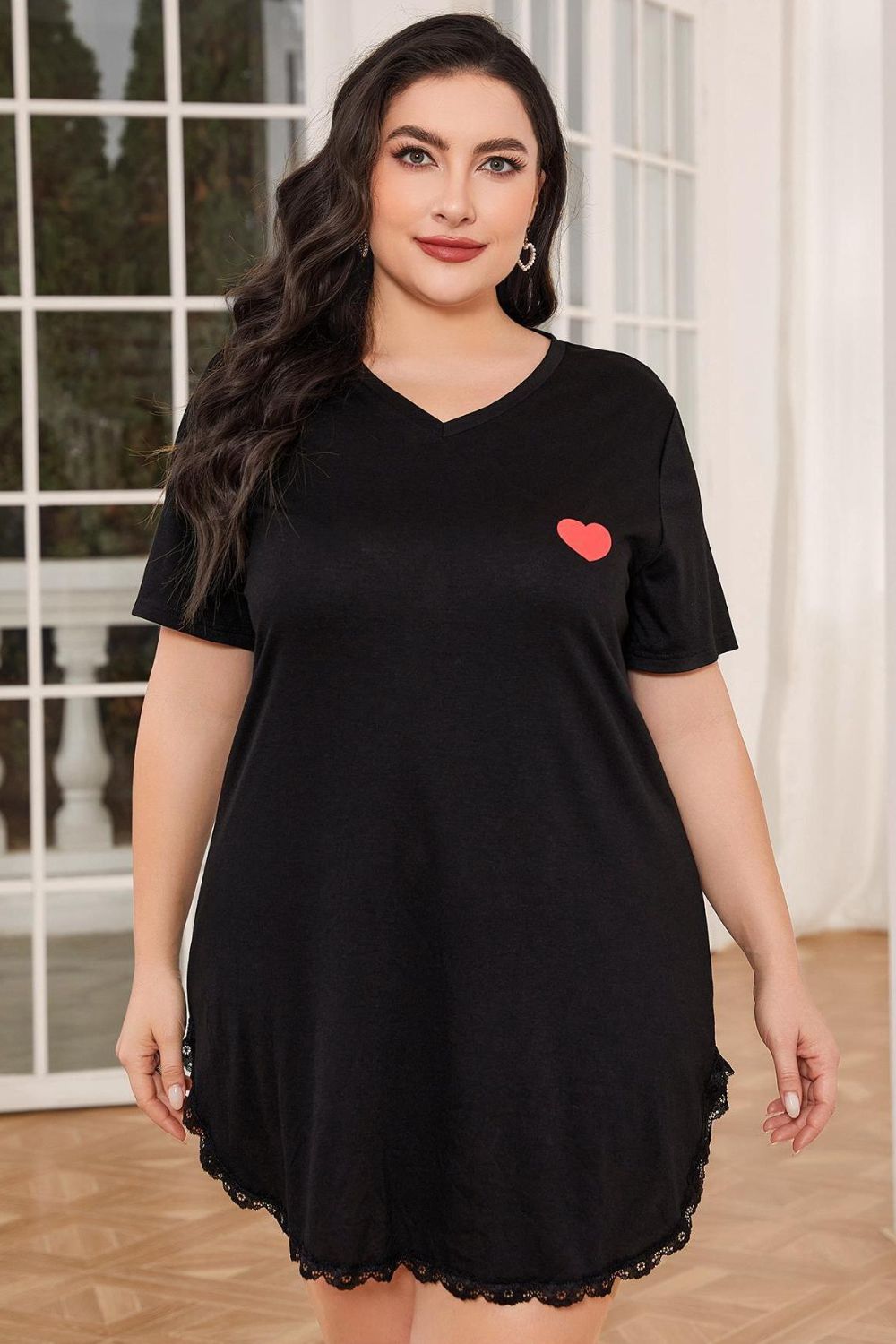 Plus Size Lace Trim V-Neck Short Sleeve Night Dress - LoveNest Treasures