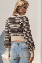Double Take Full Size Striped Bow Decor Cropped Cardigan - LoveNest Treasures