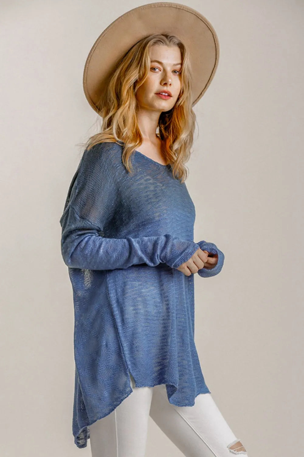 Umgee Full Size Dip Dye Loose Knit Side Slit Knit Top Plus Size - LoveNest Treasures