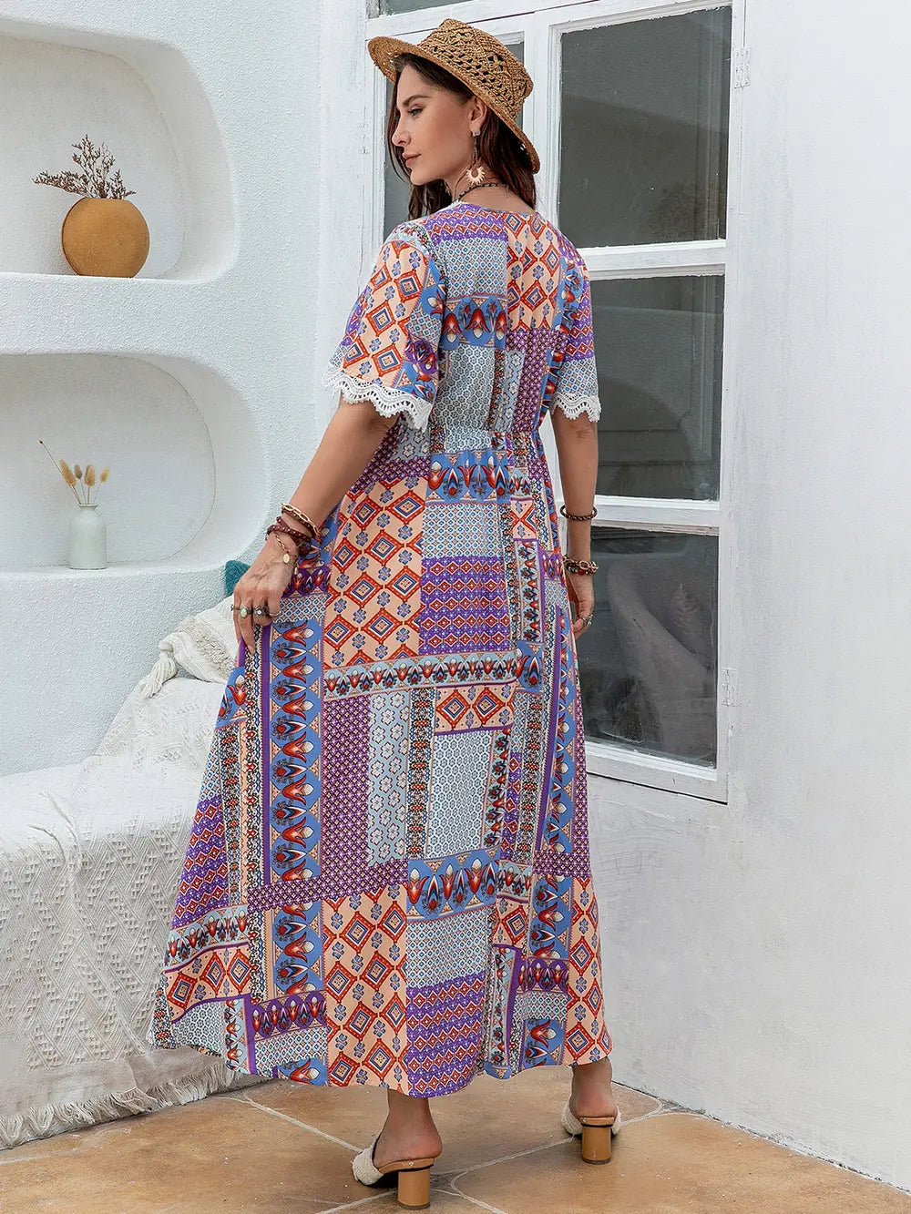 Plus Size Printed Lace Detail Short Sleeve Dress - LoveNest Treasures