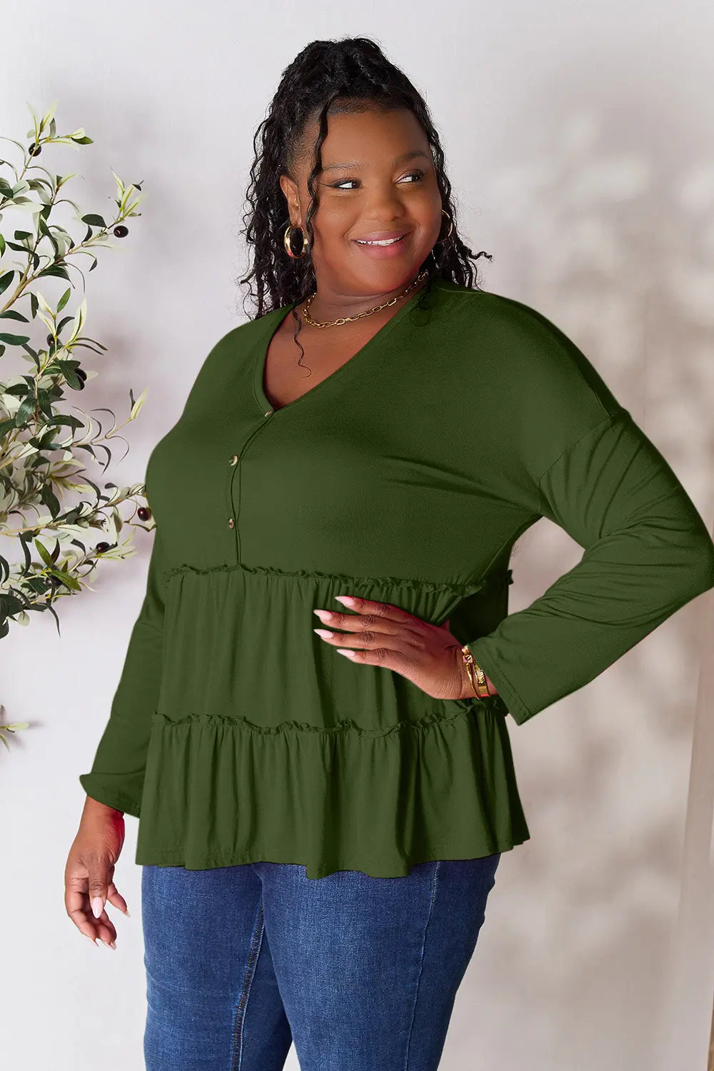 Double Take Half Button Long Sleeve Ruffle Hem Blouse - LoveNest Treasures