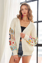 ADORA Full Size Contrast Crochet Open Front Long Sleeve Cardigan - LoveNest Treasures