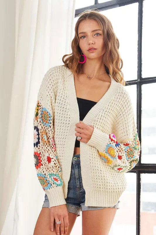 ADORA Full Size Contrast Crochet Open Front Long Sleeve Cardigan - LoveNest Treasures