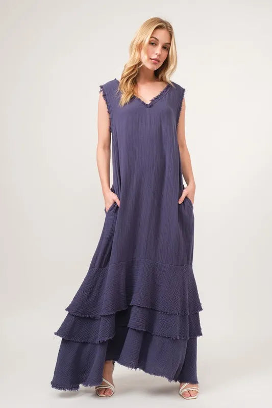 And The Why Washed Cotton Gauze Fringe Detail Tiered Dress - LoveNest Treasures