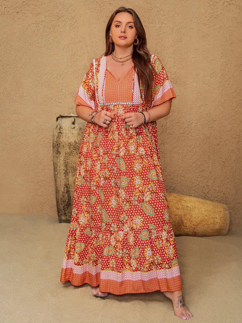 Plus Size Printed Tie Neck Flutter Sleeve Maxi Dress - LoveNest Treasures