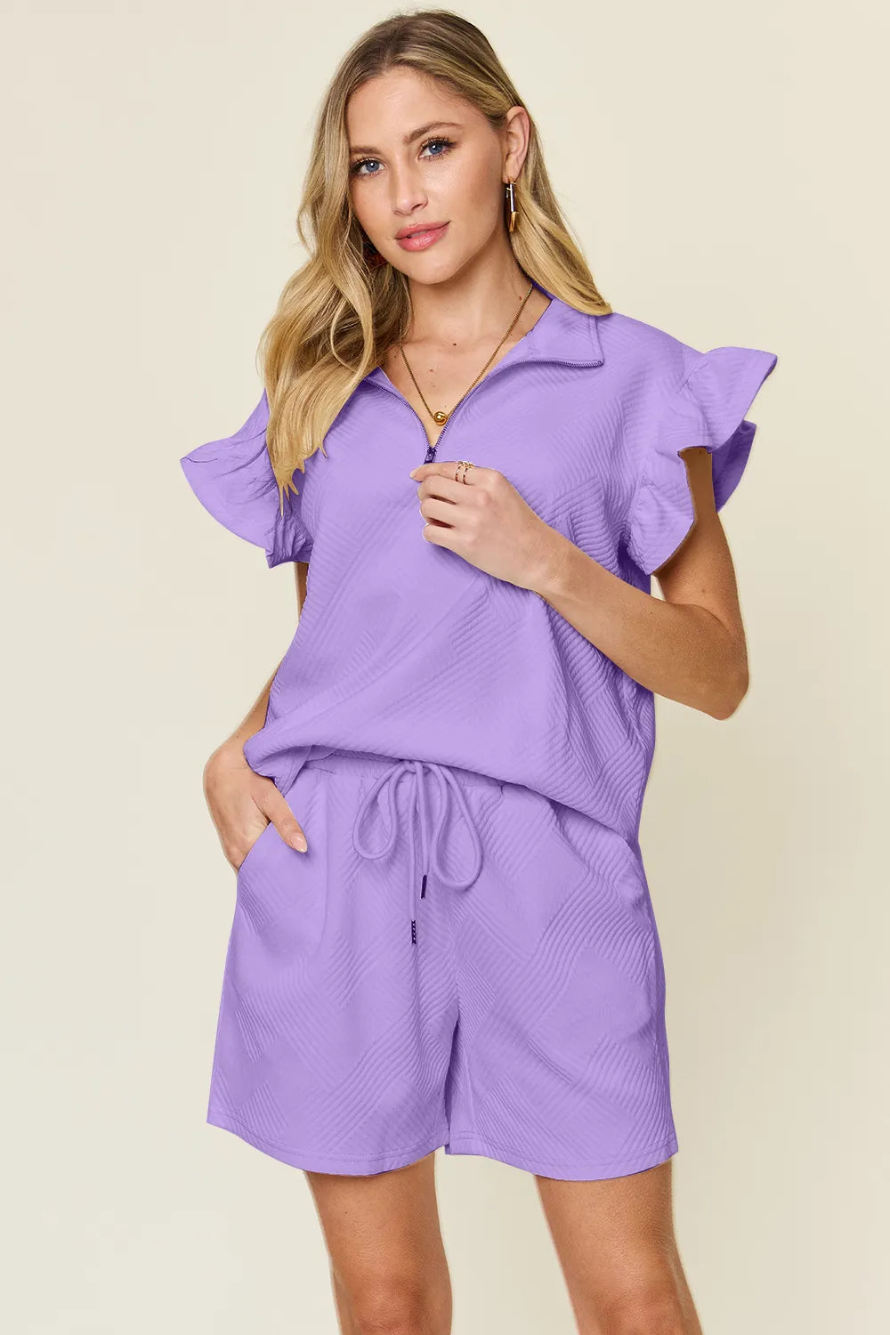 Double Take Full Size Texture Flounce Sleeve Top and Drawstring Shorts Set - LoveNest Treasures
