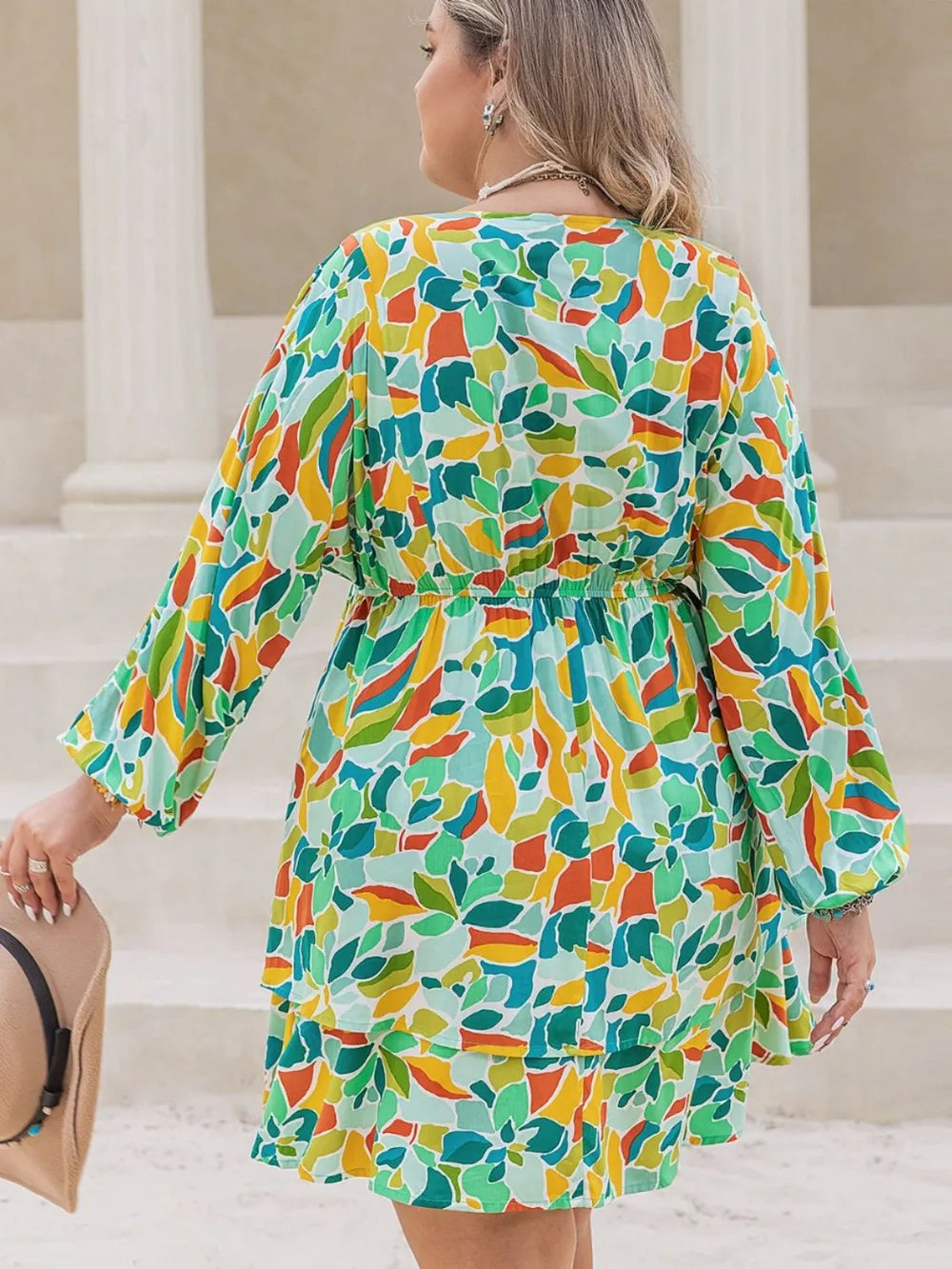 Plus Size Printed Surplice Long Sleeve Mini Dress - LoveNest Treasures