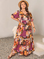 Plus Size Printed V-Neck Half Sleeve Maxi Dress - LoveNest Treasures