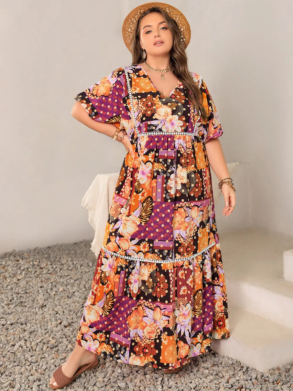 Plus Size Printed V-Neck Half Sleeve Maxi Dress - LoveNest Treasures