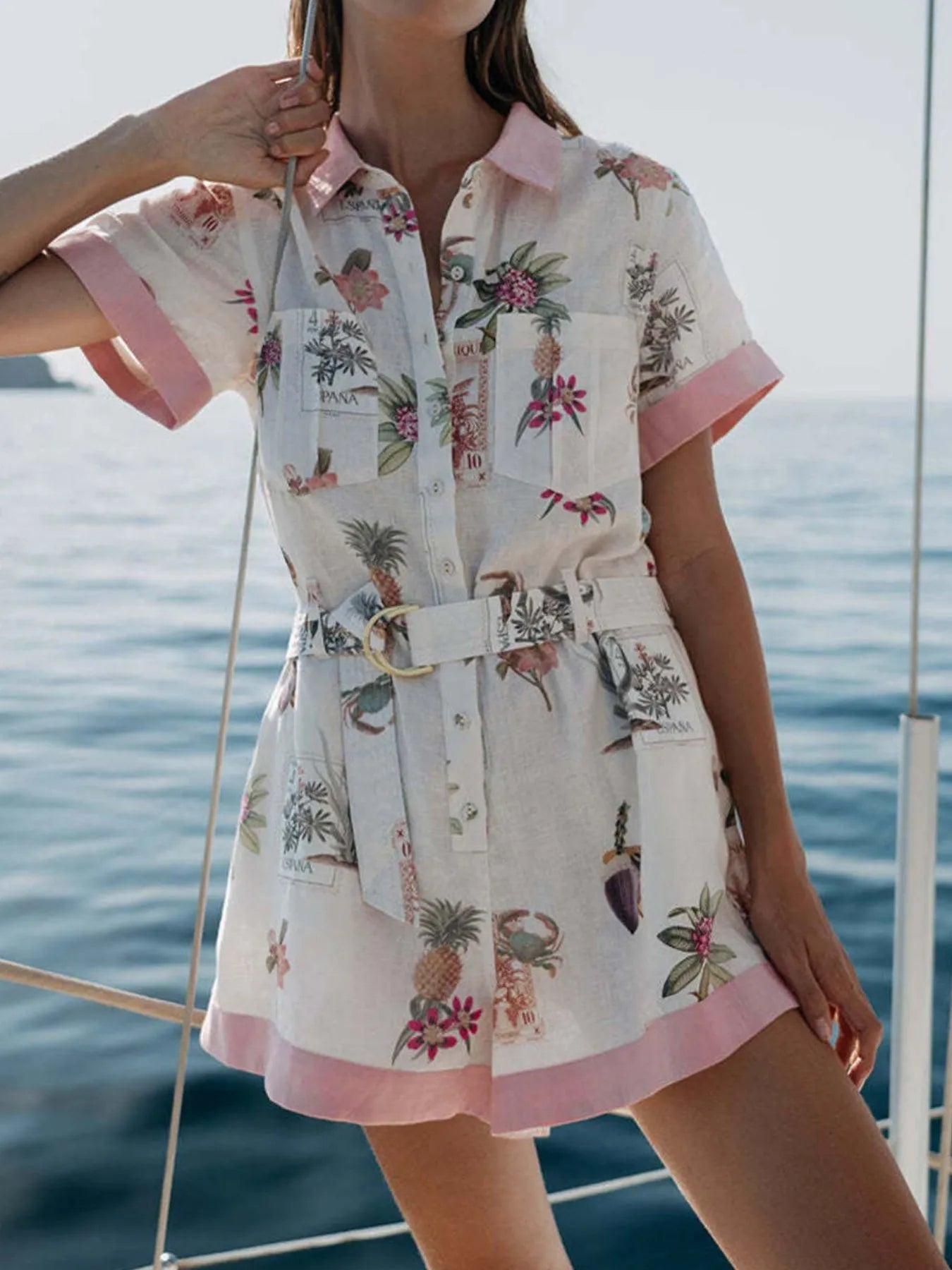 Printed Short Sleeve Romper with Belt - LoveNest Treasures