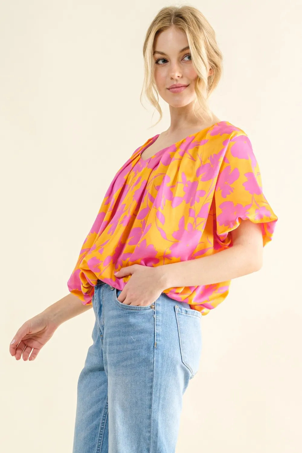 And The Why Full Size Printed Satin Bubble Hem Top - LoveNest Treasures
