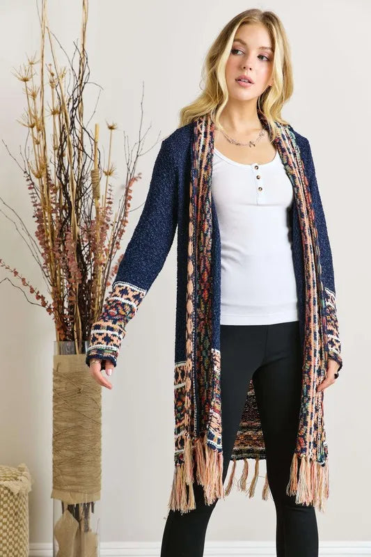 ADORA Full Size Fringe Hem Aztec Border Cardigan Plus Size - LoveNest Treasures