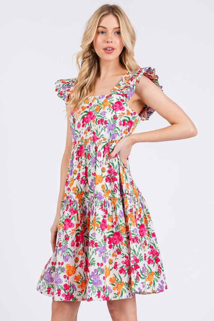 Mittoshop Flower Print Ruffle Shoulder A-line Mini Dress - LoveNest Treasures