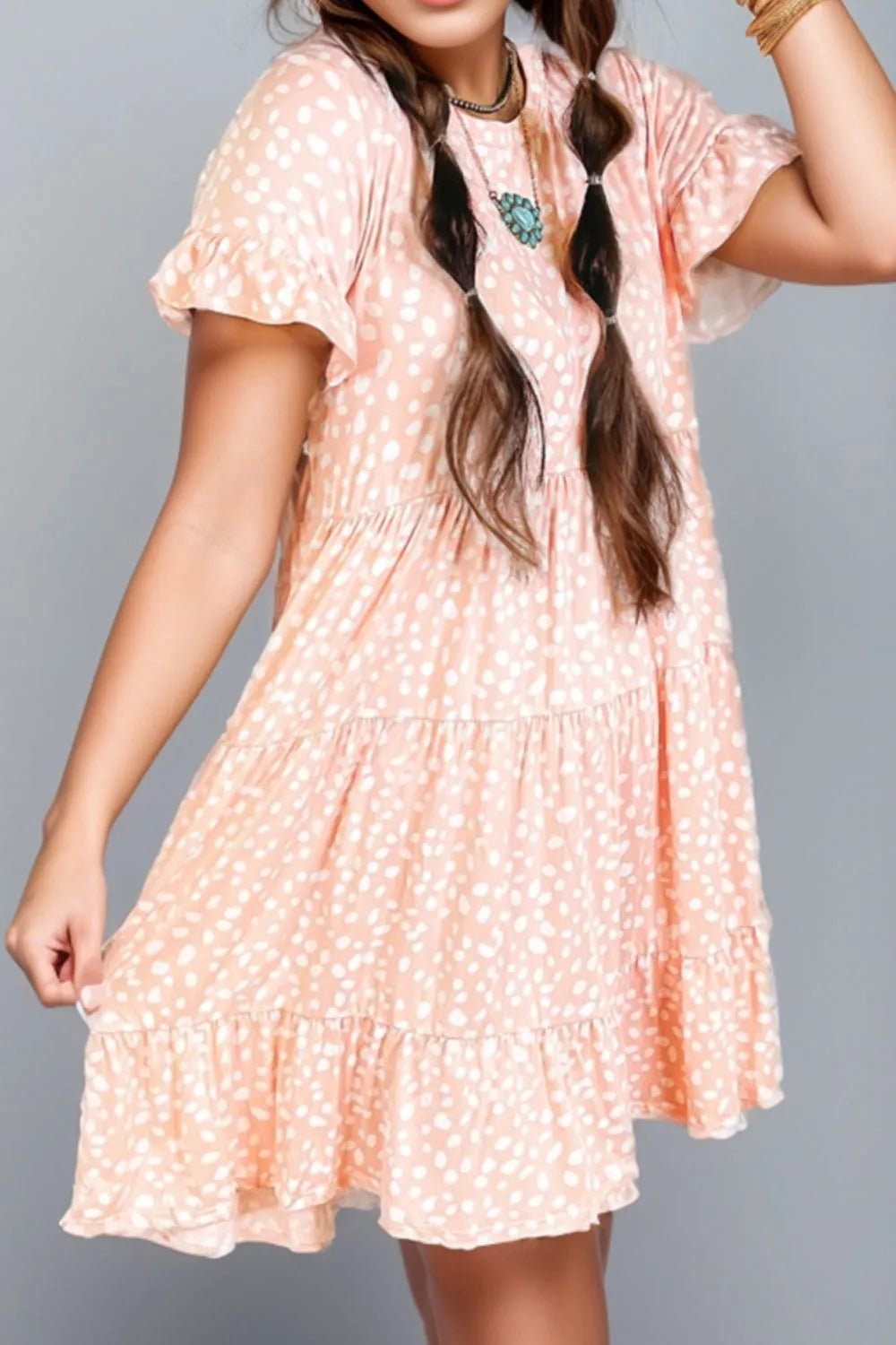 Plus Size Printed Round Neck Flounce Sleeve Mini Dress - LoveNest Treasures