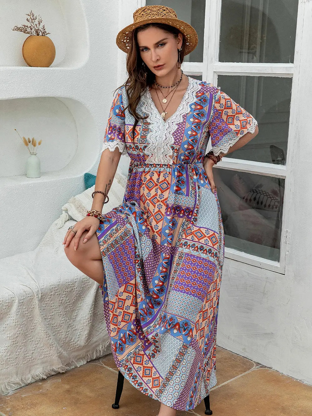 Plus Size Printed Lace Detail Short Sleeve Dress - LoveNest Treasures