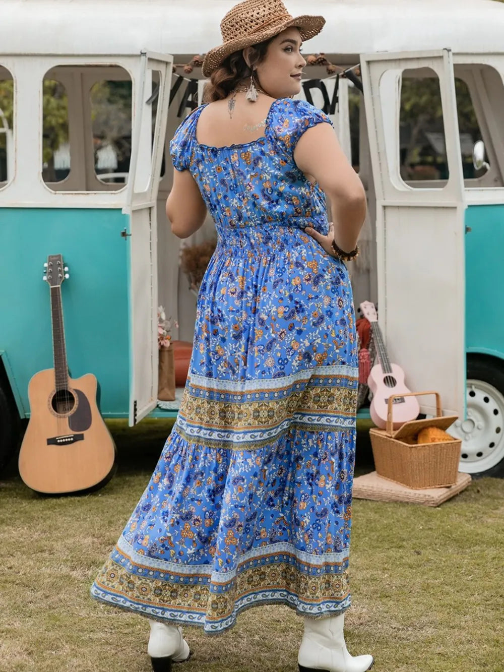 Plus Size Smocked Printed Cap Sleeve Dress - LoveNest Treasures