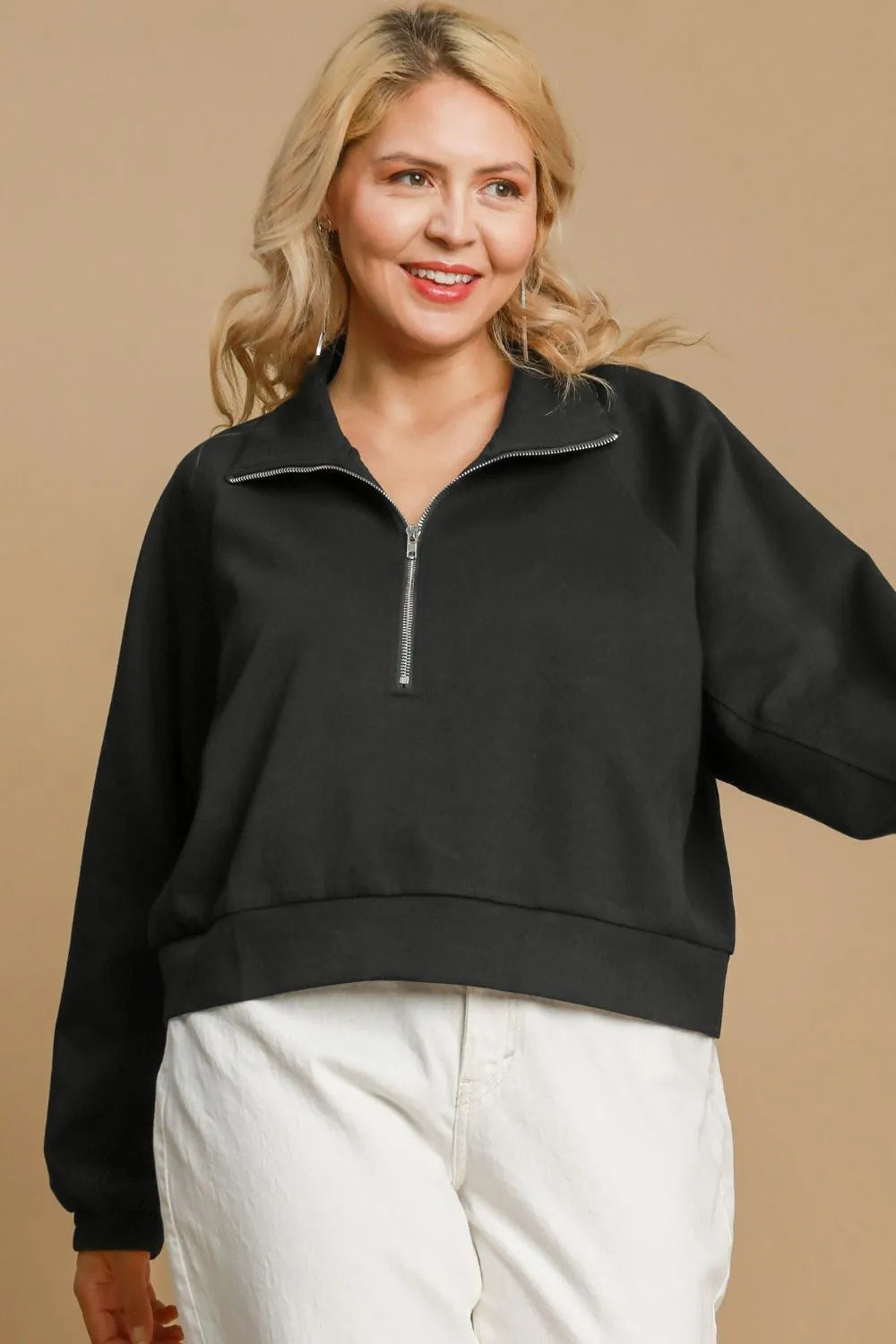 Umgee Full Size Half Zip Cropped Sweatshirt Plus Size - LoveNest Treasures