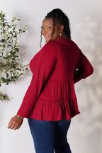 Double Take Half Button Long Sleeve Ruffle Hem Blouse - LoveNest Treasures