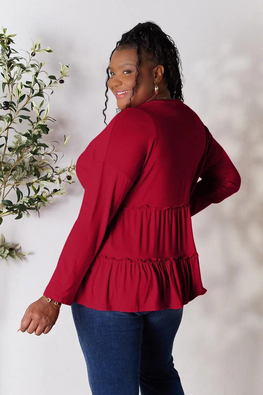 Double Take Half Button Long Sleeve Ruffle Hem Blouse - LoveNest Treasures
