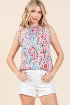 Lime 'N' Chili Full Size Graphic Print Ruffle Trim Mock Neck Sleeveless Top Plus Size - LoveNest Treasures
