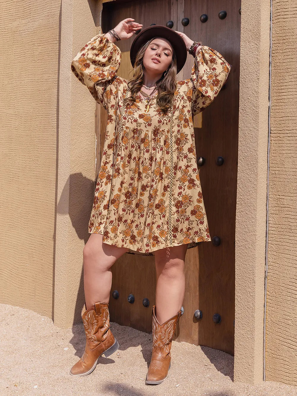 Plus Size Printed V-Neck Balloon Sleeve Mini Dress - LoveNest Treasures
