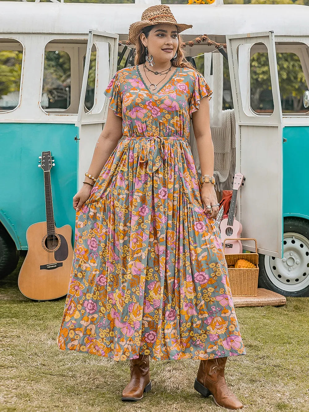 Plus Size Ruffled Printed Cap Sleeve Dress - LoveNest Treasures