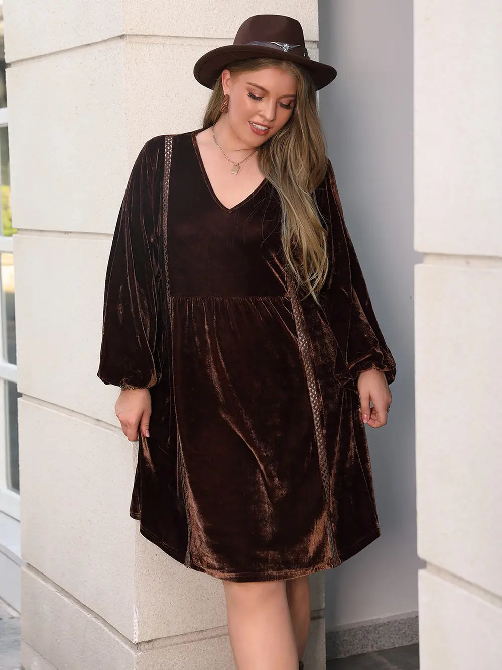 Plus Size V-Neck Balloon Sleeves Dress - LoveNest Treasures