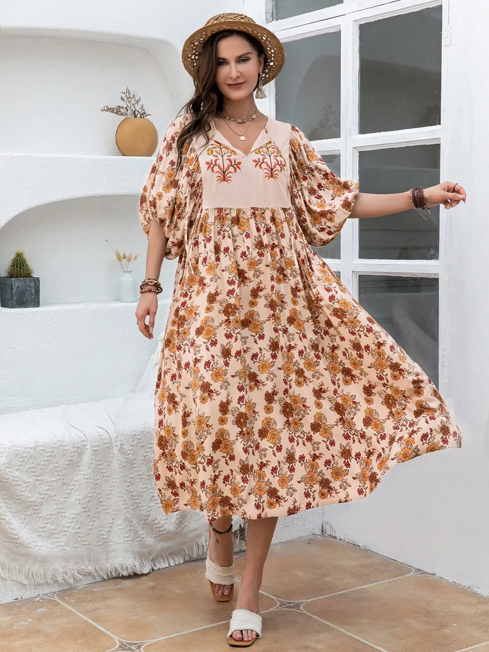 Plus Size Printed Tie Neck Half Sleeve Midi Dress - LoveNest Treasures