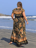 Plus Size Printed V-Neck Ruffle Cap Sleeve Maxi Dress - LoveNest Treasures
