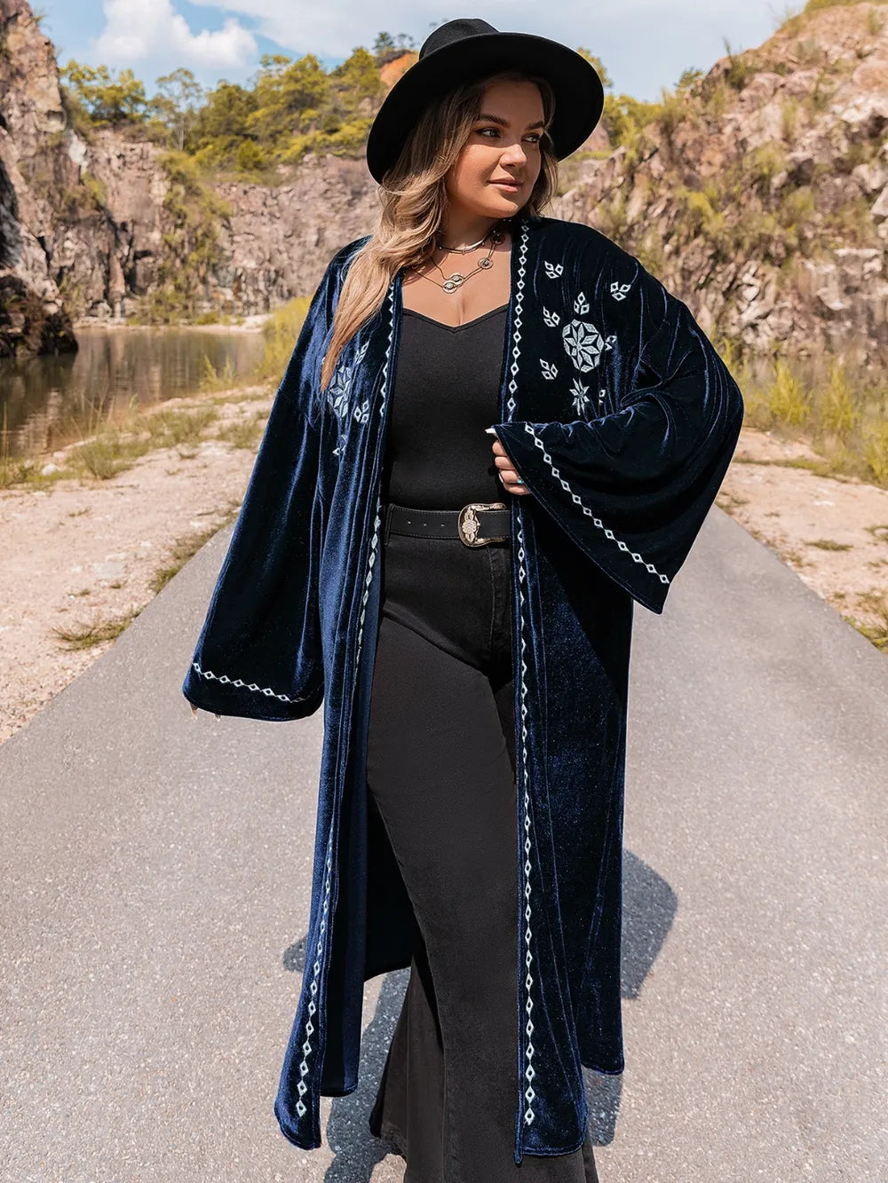Plus Size Embroidery Open Front Long Sleeve Cardigan - LoveNest Treasures