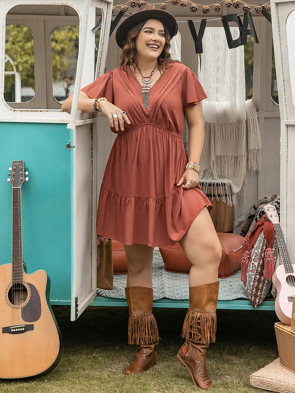 Plus Size Ruffle Hem V-Neck Short Sleeve Dress - LoveNest Treasures