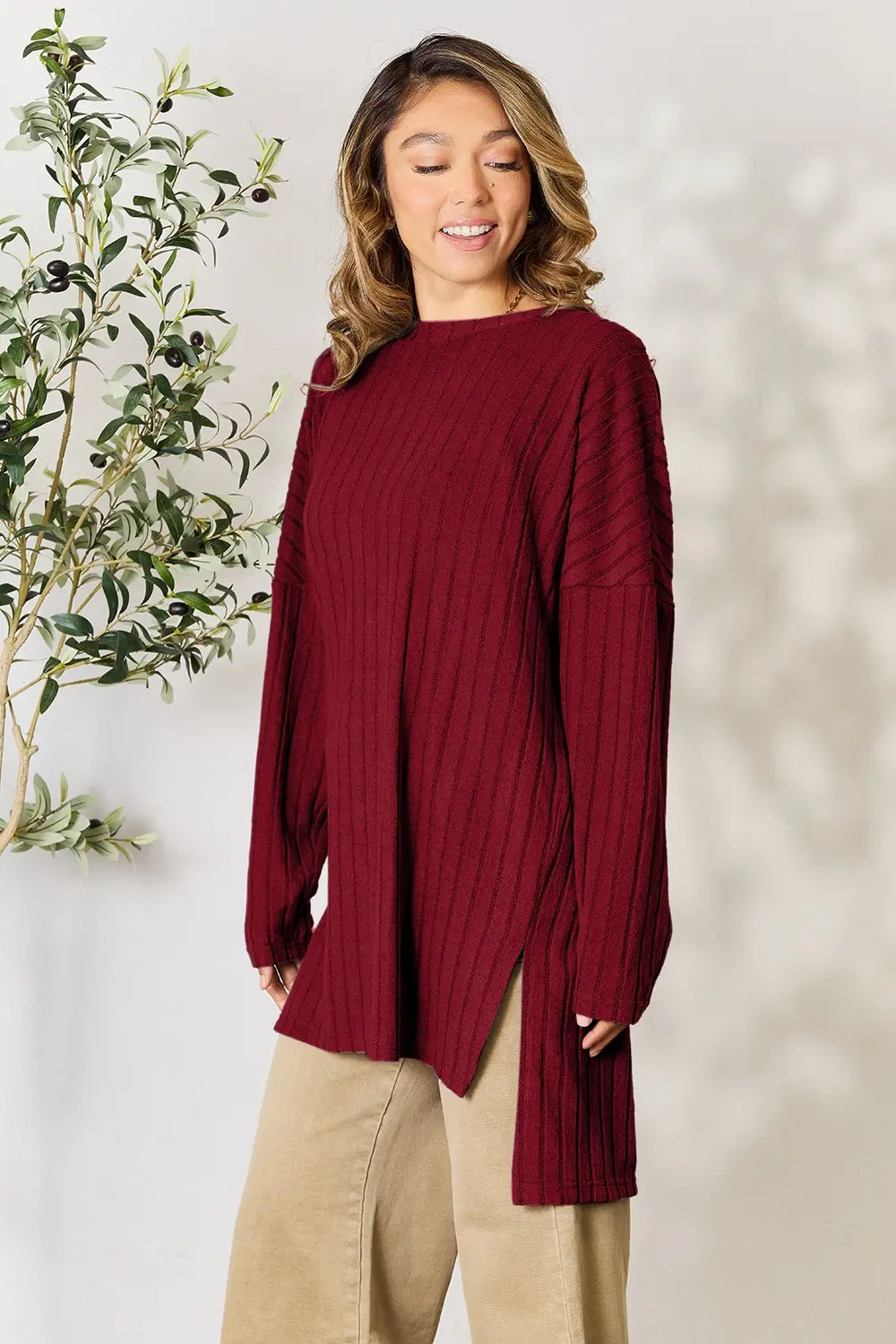 Basic Bae Full Size Ribbed Round Neck Long Sleeve Slit Top - LoveNest Treasures
