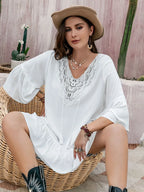 Plus Size Lace Detail Tie Neck Three-Quarter Sleeve Mini Dress - LoveNest Treasures