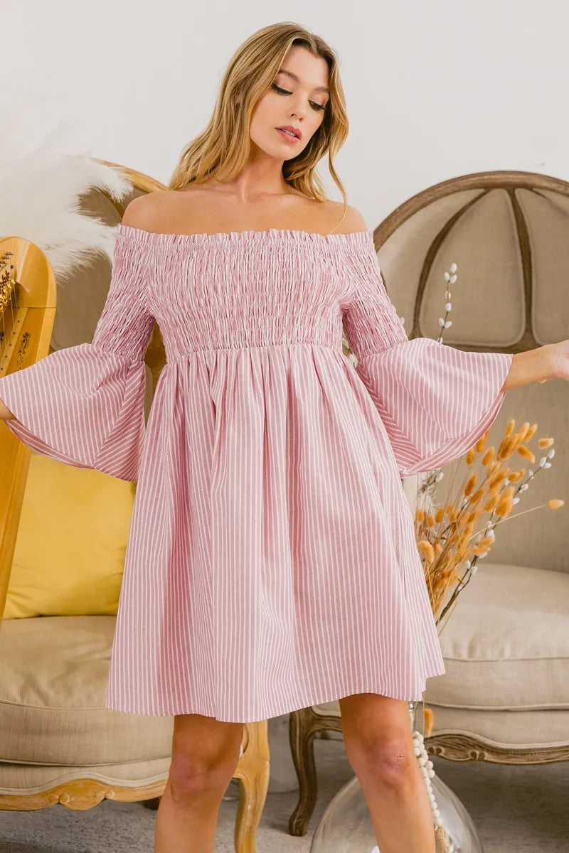 BiBi Smocked Off Shoulder Striped Dress - LoveNest Treasures
