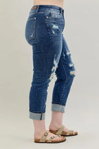 Judy Blue Full Size Mid Rise Cuffed Destroy Bf Jeans Plus Size - LoveNest Treasures