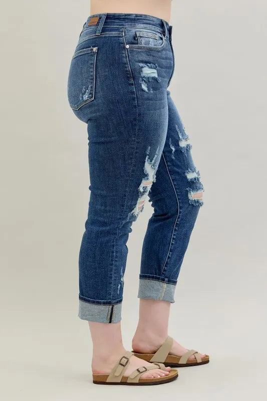 Judy Blue Full Size Mid Rise Cuffed Destroy Bf Jeans Plus Size - LoveNest Treasures