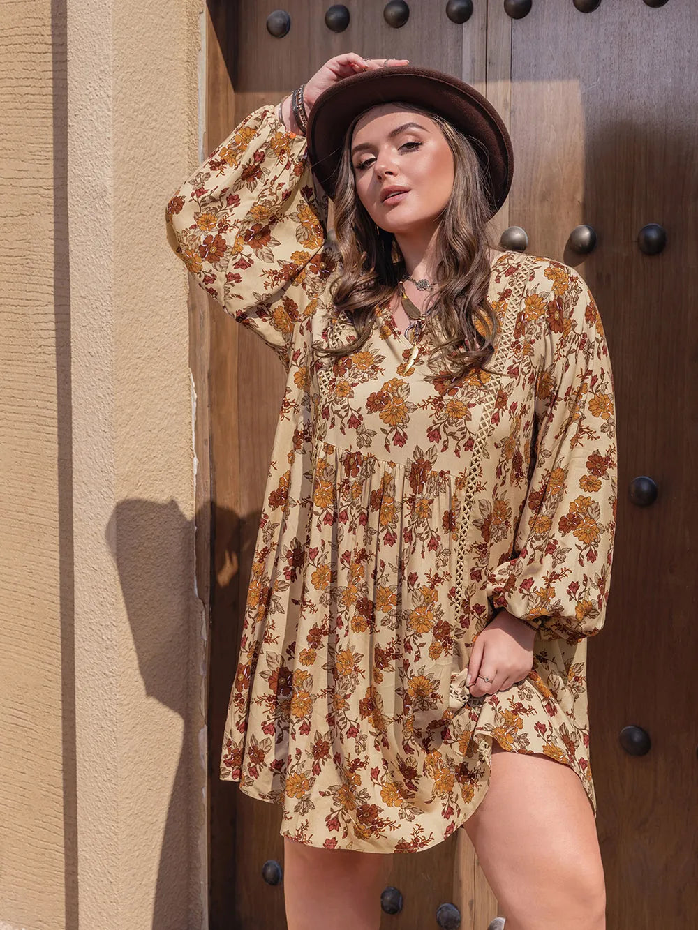 Plus Size Printed V-Neck Balloon Sleeve Mini Dress - LoveNest Treasures
