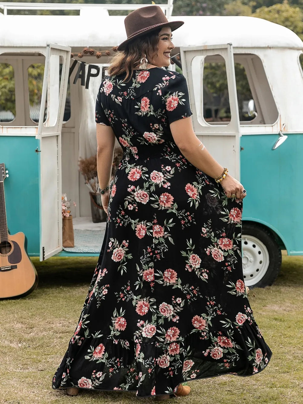 Plus Size Button Detail Printed V-Neck Short Sleeve Maxi Dress - LoveNest Treasures