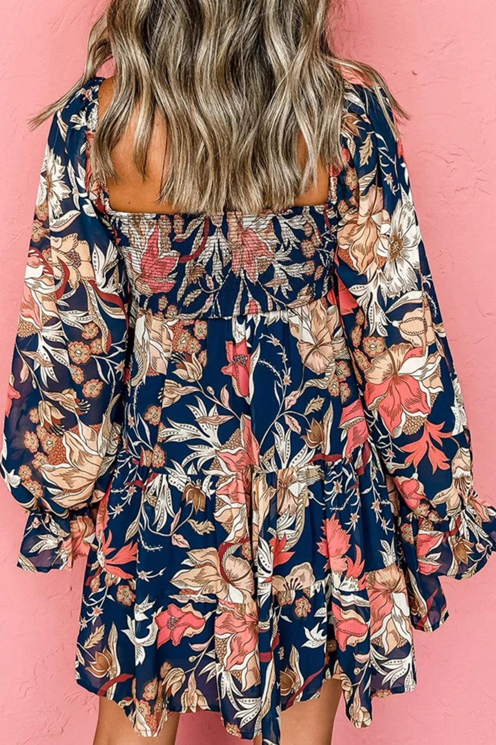 Plus Size Smocked Printed Long Sleeve Dress - LoveNest Treasures