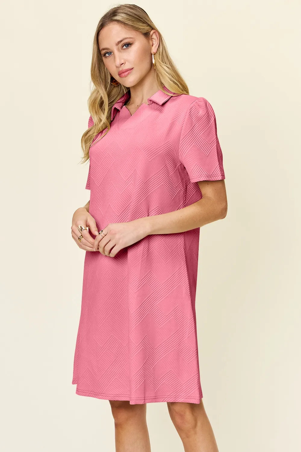 Double Take Full Size Texture Collared Neck Short Sleeve Dress - LoveNest Treasures
