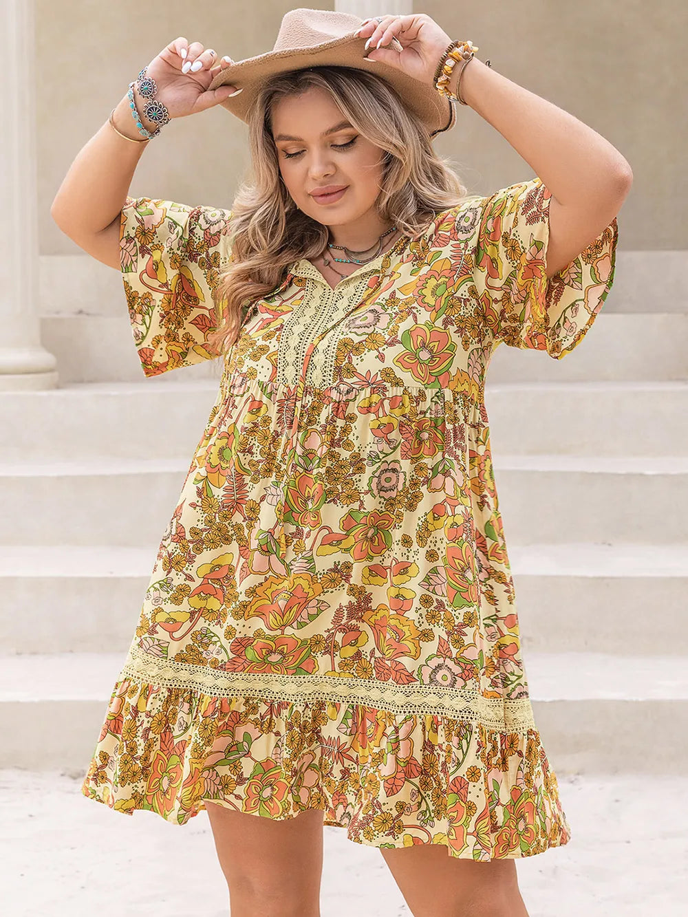 Plus Size Printed Tie Neck Short Sleeve Mini Dress - LoveNest Treasures